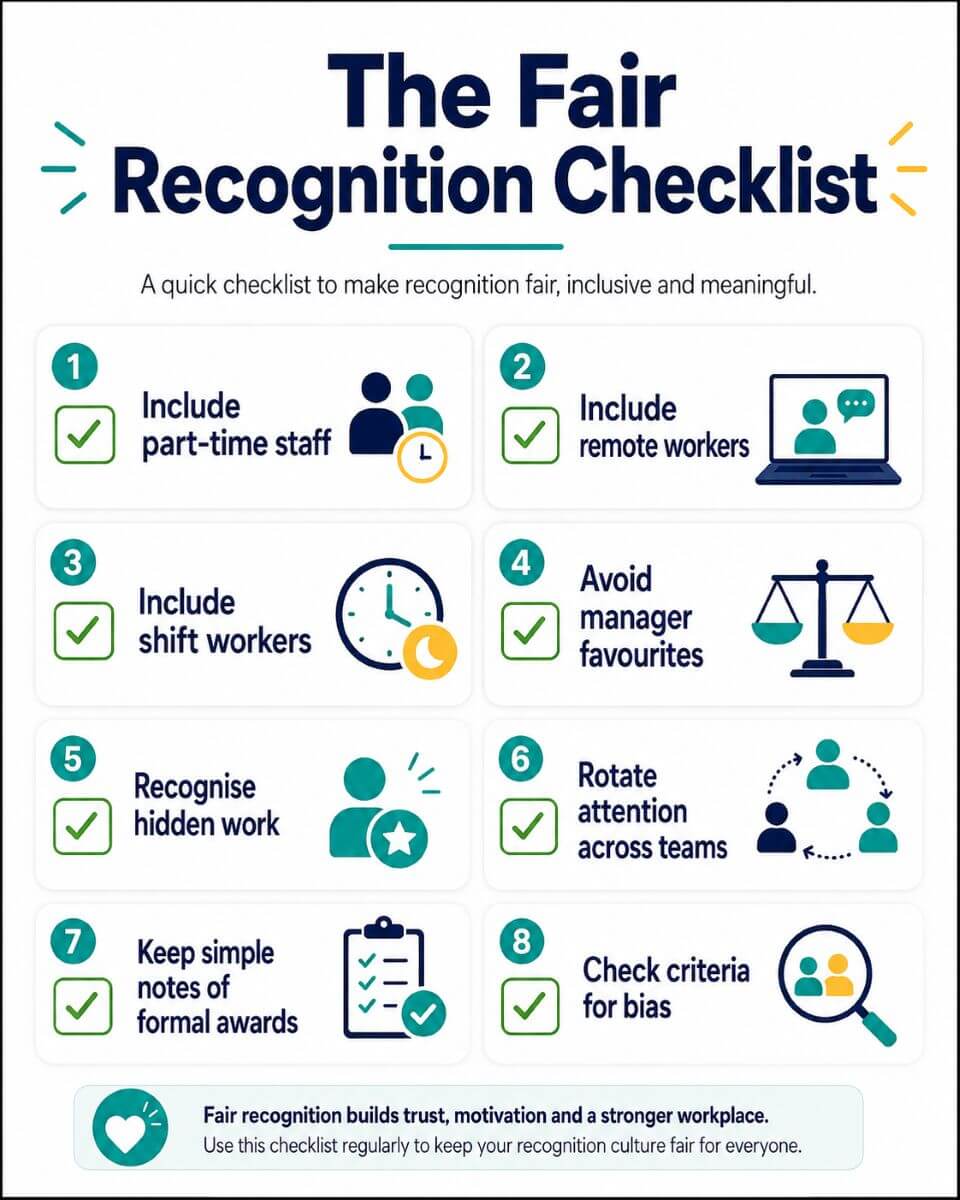 Infographic showing eight ways UK employers can keep staff recognition fair, inclusive and meaningful
