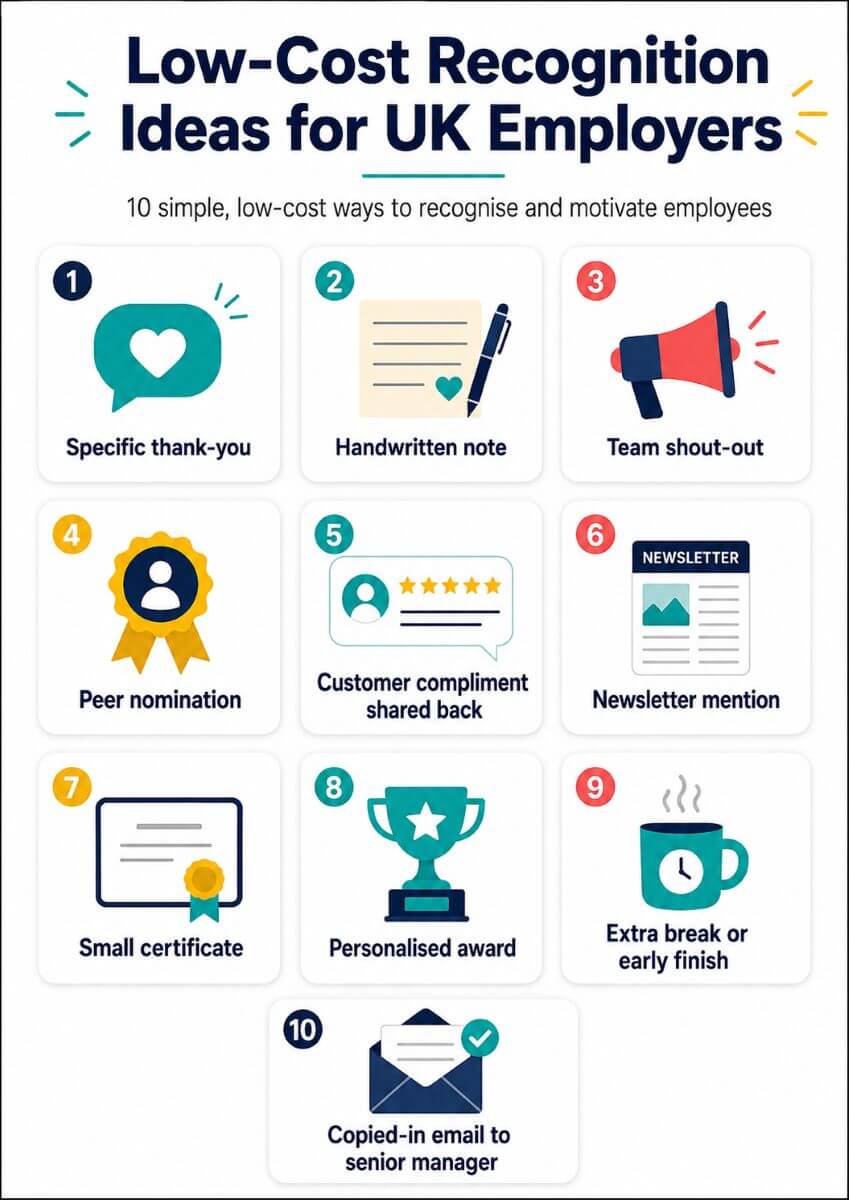 Infographic listing ten low-cost staff recognition ideas for UK employers, including thank-you notes and team shout-outs