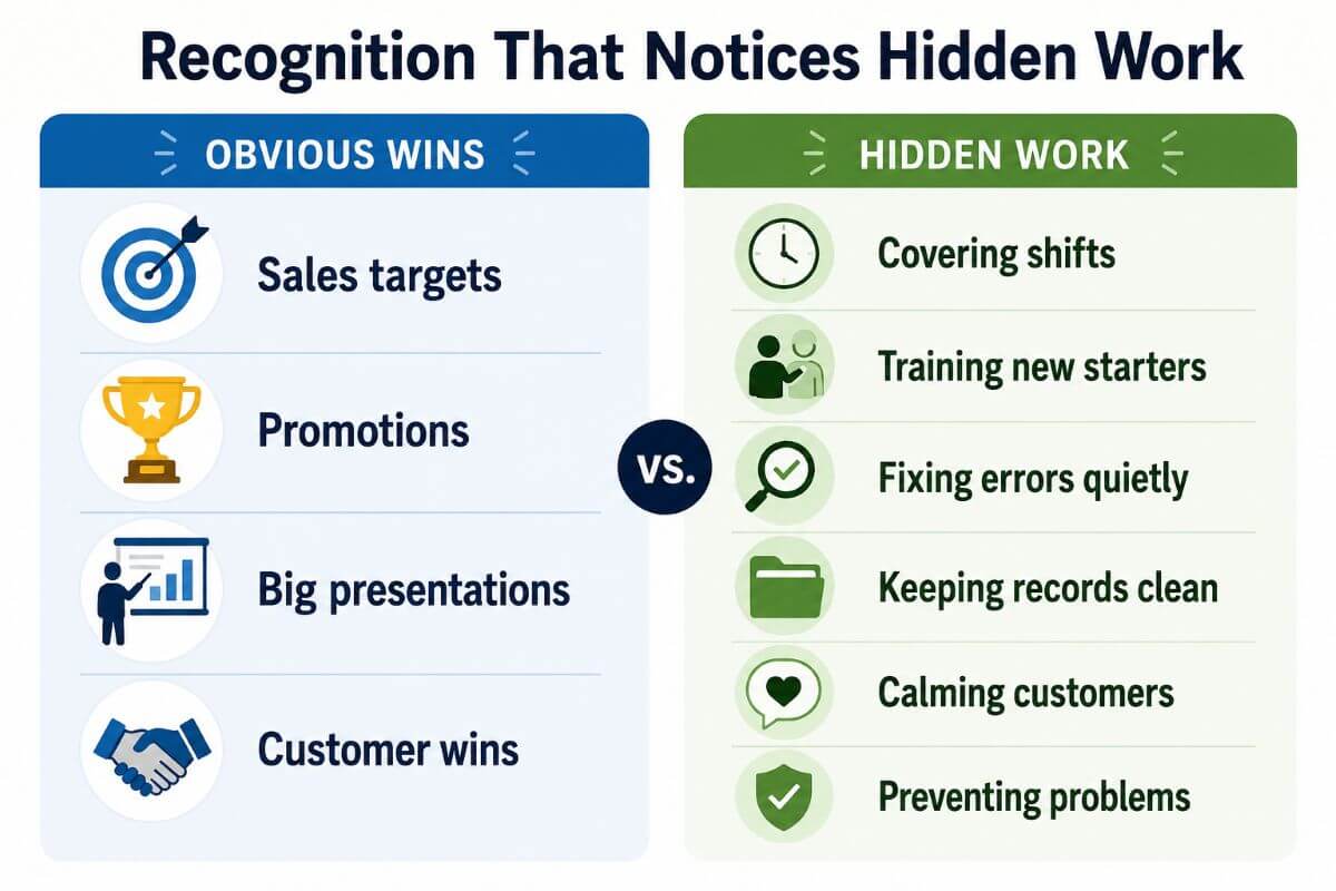 Infographic comparing obvious workplace wins with hidden work such as covering shifts and preventing problems