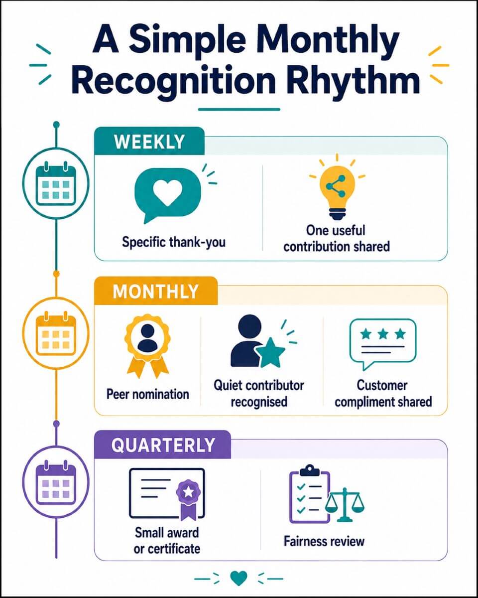 Infographic showing a weekly, monthly and quarterly rhythm for simple employee recognition